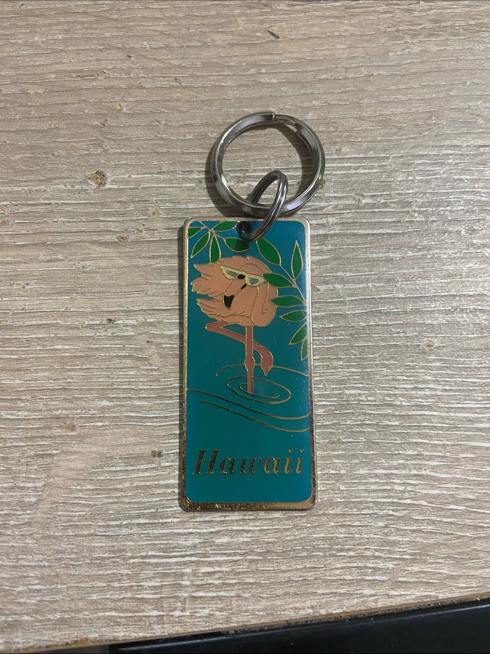Vintage Hawaii Flamingo Enamel Keychain - Teal & Pink